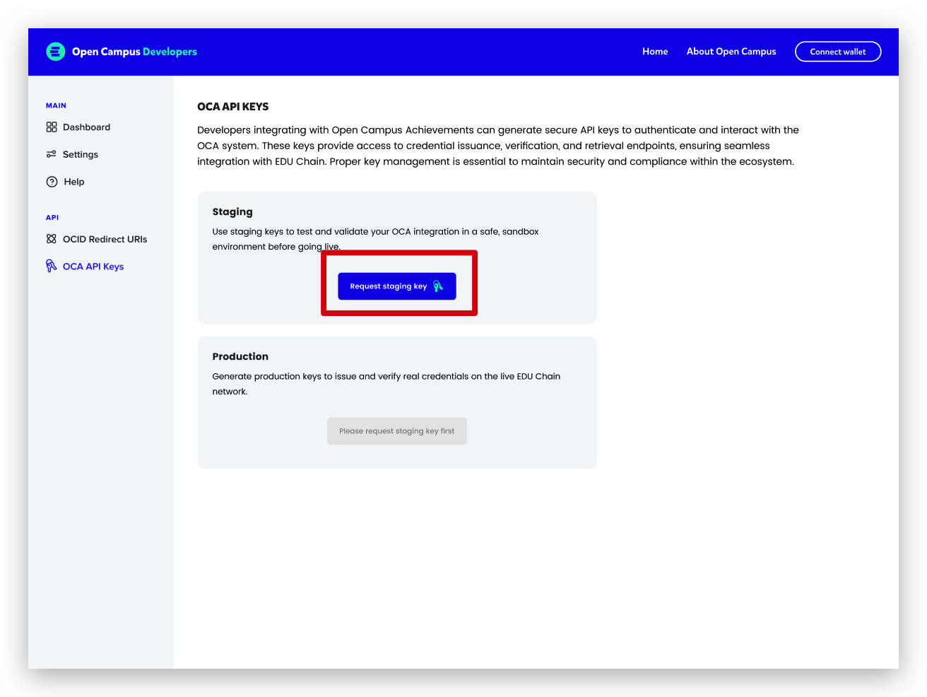 Before generating OCA Staging API Keys